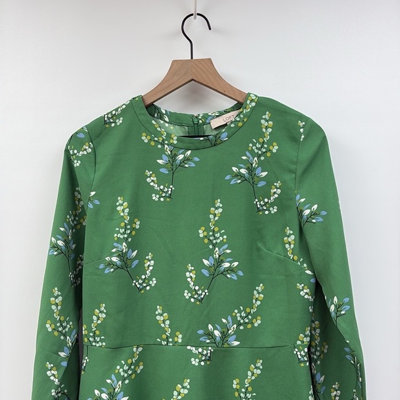 Ann Taylor LOFT Floral Long Sleeve A-Line Mini Dress Boho Green 6 - Picture 5 of 12